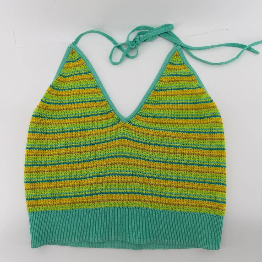 Intimately Free People Green Striped Knit Halter Crop Top Small boho festival